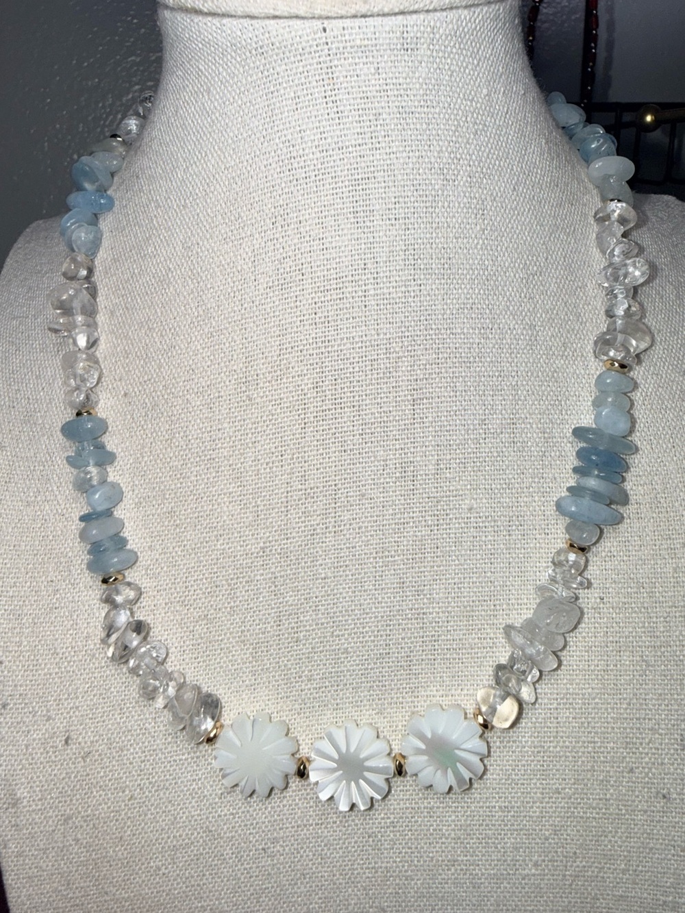 Clear Quartz & Aquamarine Chip Necklace | Mother of Pearl Flowers | 16.5”